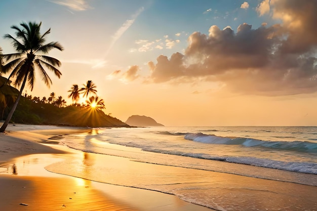 A beach at sunset with palm trees and a sunset in the background