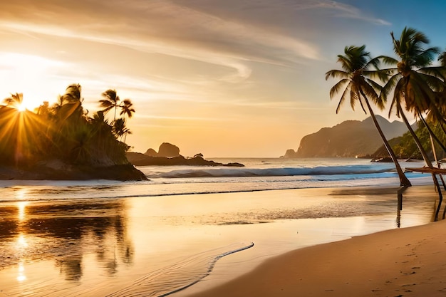 A beach at sunset with palm trees and a sunset in the background