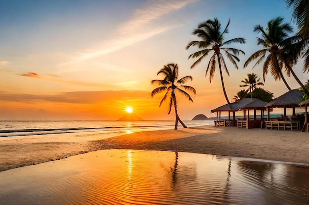 A beach at sunset with palm trees and a sunset in the background