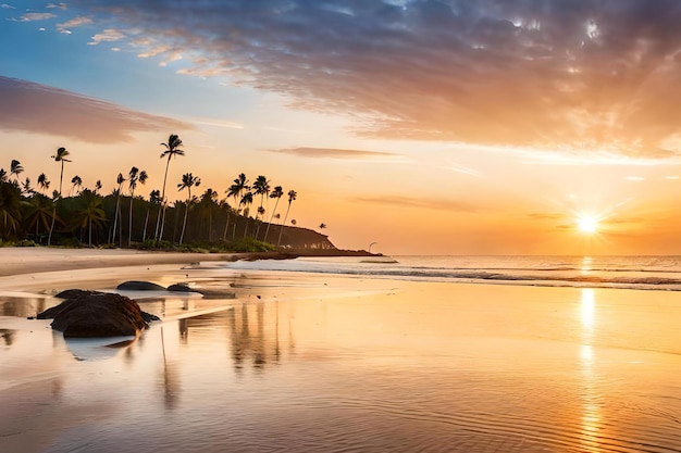 A beach at sunset with palm trees and a sunset in the background