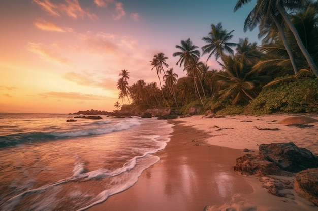 A beach at sunset with palm trees and a sunset in the background