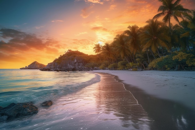 A beach at sunset with palm trees and a sunset in the background