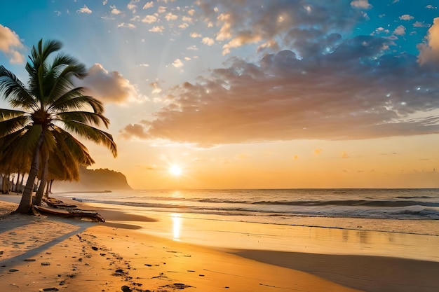 A beach at sunset with palm trees and a sunset in costa rica