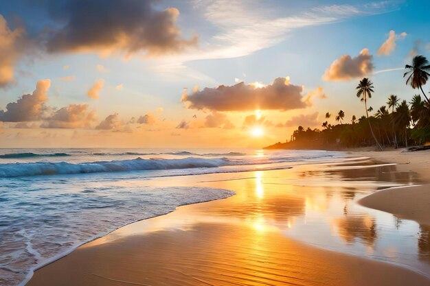 A beach at sunset with palm trees and a sunset