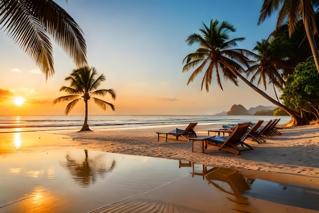 A beach at sunset with palm trees and a sunset