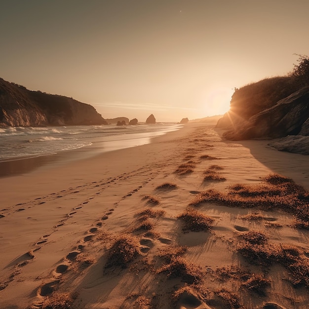 A beach at sunset with the sun setting behind it