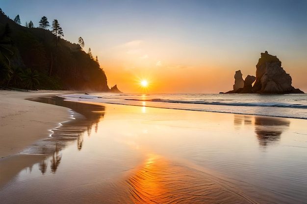 A beach at sunset with the sun setting over the ocean