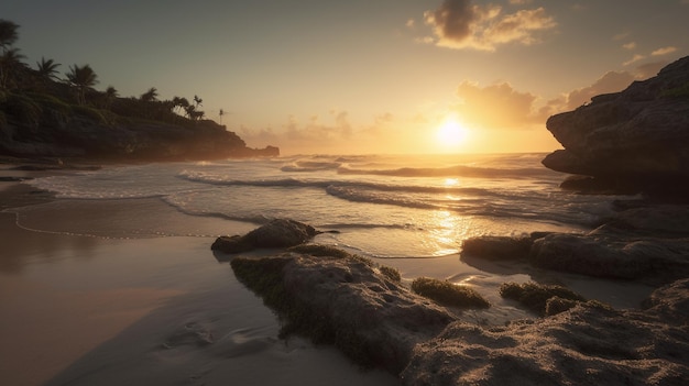 A beach at sunset with a sunset in the background