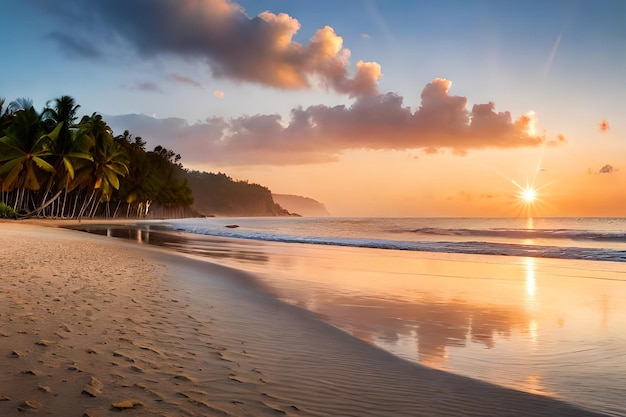 A beach at sunset with a sunset in the background