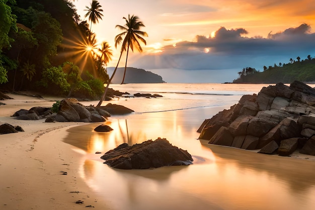 A beach at sunset with a sunset in the background