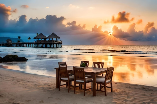 A beach at sunset with a view of the ocean and a house on the horizon.