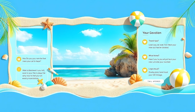 Photo beach theme layout screen for a travel vlogger with bright blues and yell game interface designo