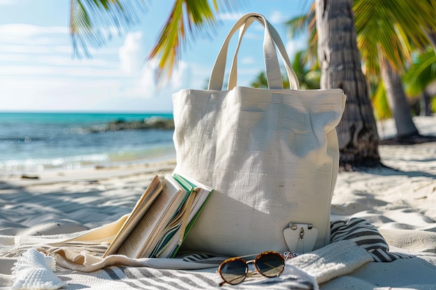 A beach tote bag partially open with a book and sunglasses on a beach towel with palm trees and a sunny sky