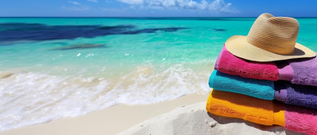 Beach Towel and Hat on Sand