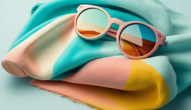 Beach towel and sunglasses in summer concept with Generative AI