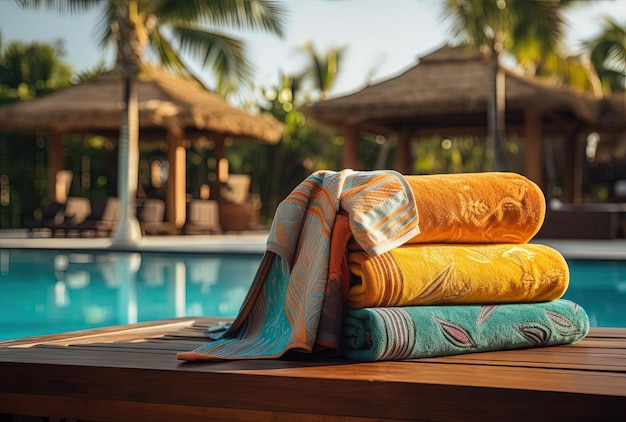 beach towels on a wooden bench near a large pool in the style of lush scenery