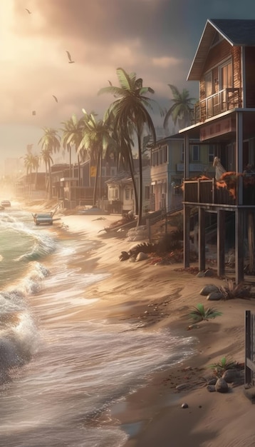 Beach town floods as sea levels rise causing chaos and devastation Generative AI