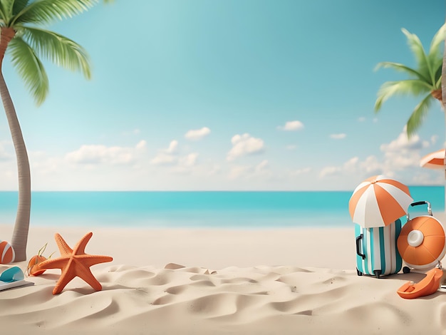 Beach travel summer holiday vacation concept background design with copy space 3d rendering