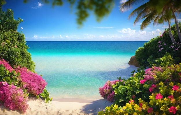 beach tropical garden with water and flowers