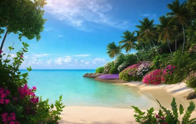 beach tropical garden with water and flowers