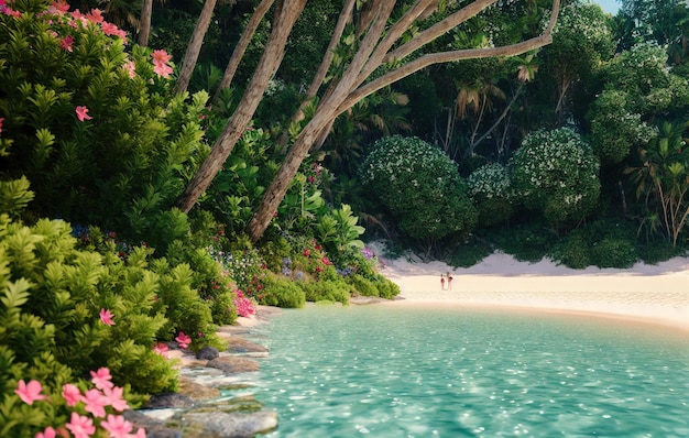 beach tropical garden with water and flowers