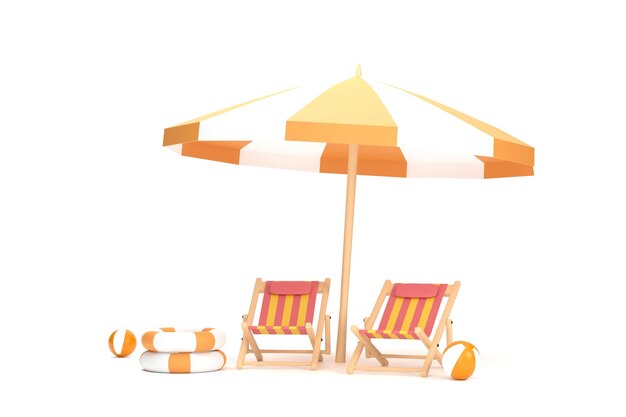 Beach umbrella beach ball swimming ring and beach chair Summer travel and holiday concept