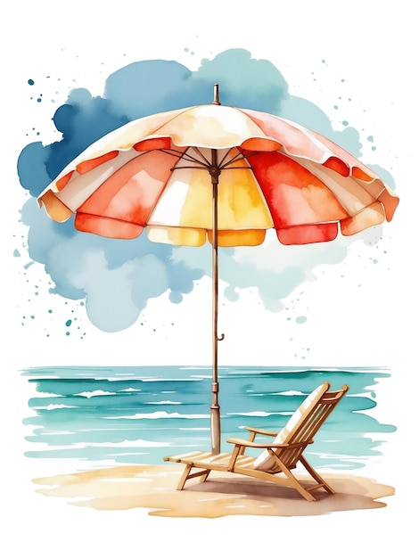 Beach umbrella and chaiselongue near the sea water watercolor illustration isolated on a white