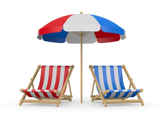 Beach umbrella and deckchair on white background Isolated 3D illustration