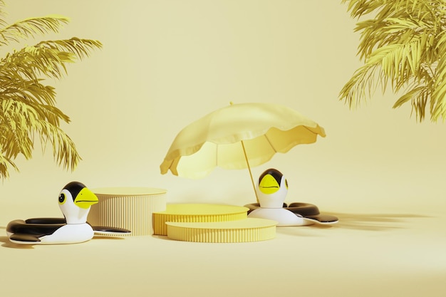 Beach umbrella penguin swimming float sun lounger and leaves Vacation holiday and summer concept