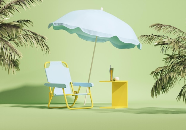 Beach umbrella sun lounger and tropical leaves Product display abstract geometric green color