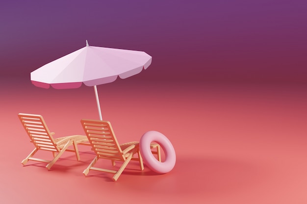 Beach umbrella with chairs and Inflatable Swimming Ring Pool on pastel gradient pink and purple background