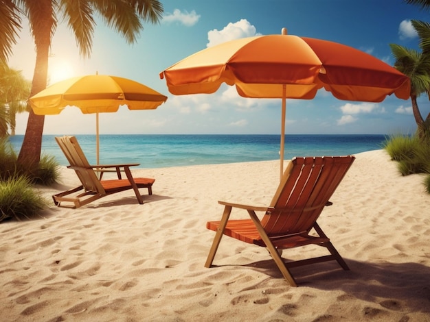 Beach umbrella with chairs on the sand summer vacation concept 3d rendering