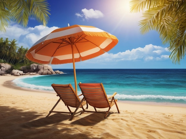 Beach umbrella with chairs on the sand summer vacation concept 3d rendering