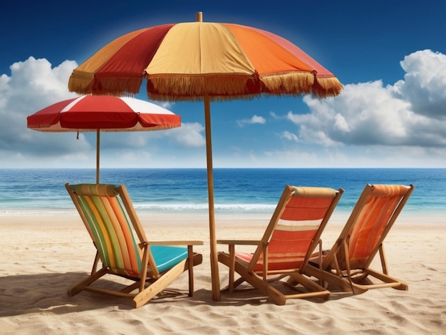 Beach umbrella with chairs on the sand summer vacation concept 3d rendering