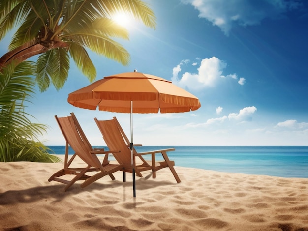 Beach umbrella with chairs on the sand summer vacation concept 3d rendering