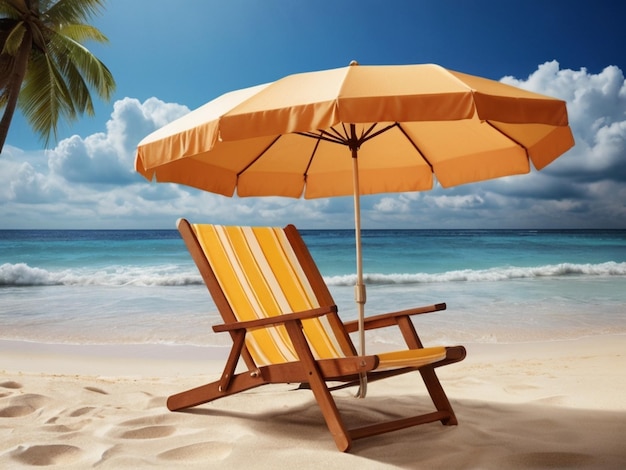 Beach umbrella with chairs on the sand summer vacation concept 3d rendering