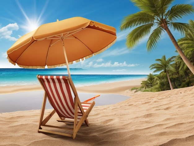 Beach umbrella with chairs on the sand summer vacation concept 3d rendering