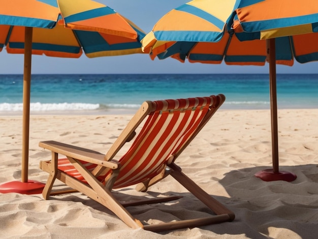 Beach umbrella with chairs on the sand summer vacation concept 3d rendering