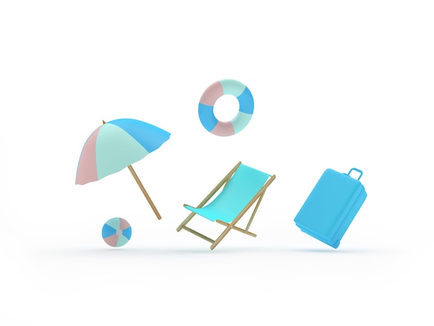 beach umbrella with travel suitcase and sun lounger