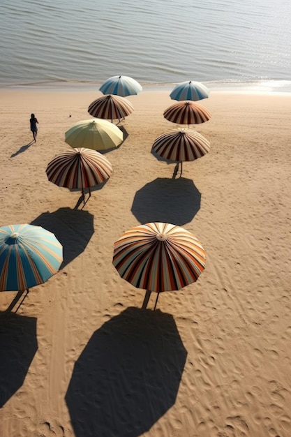 Beach umbrellas casting shadows on the sand near water created with generative ai