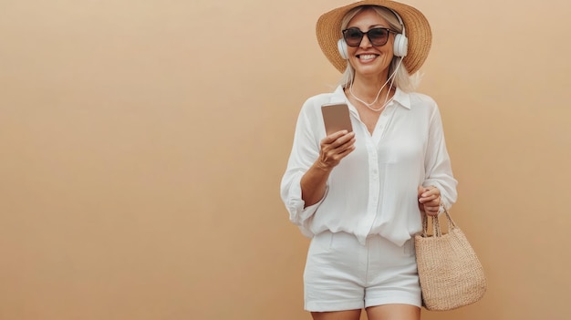 Photo beach vacation happy trendy middle aged housewife in white blouse and shorts against beige