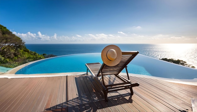 beach vacation panoramic infinity pool with deckchair and hat in luxury hotel resort