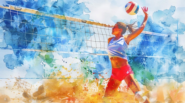 Photo beach volleyball flat design front view energetic watercolor splitcomplementary color scheme