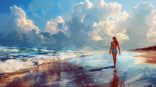 Beach walk with girl filmed in wide aspect ratio