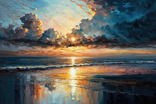 A beach and the water in an original oil painting sunset across the ocean