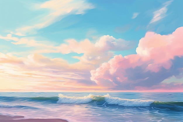 Beach watercolor blue waves with cloudy blue pink sky