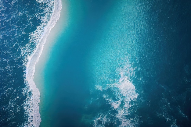 Beach and waves from above Aerial view of a blue ocean Top view of the drone