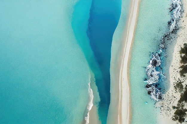 Beach and waves from above Aerial view of a blue ocean Top view of the drone