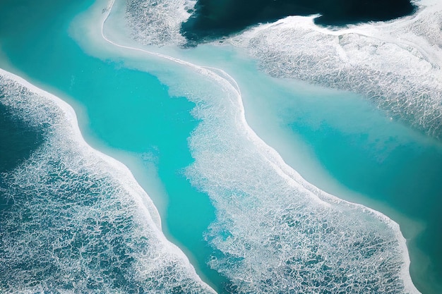 Beach and waves from above Aerial view of a blue ocean Top view of the drone