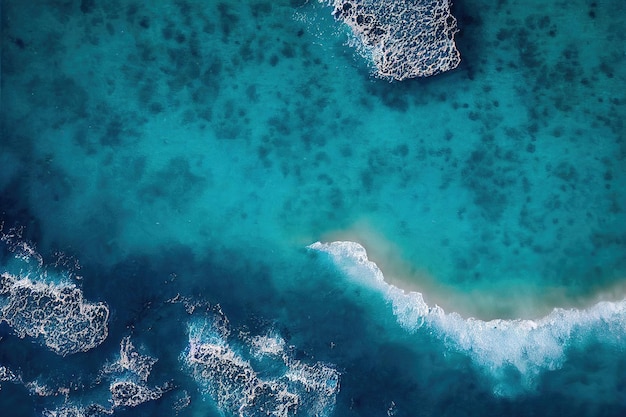 Beach and waves from above Aerial view of a blue ocean Top view of the drone